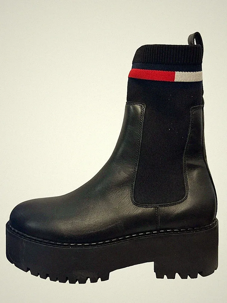 TOMMY JEANS TJW Flatform Chelsea Stiefel Schwarz Damen Boots Socken UK 7