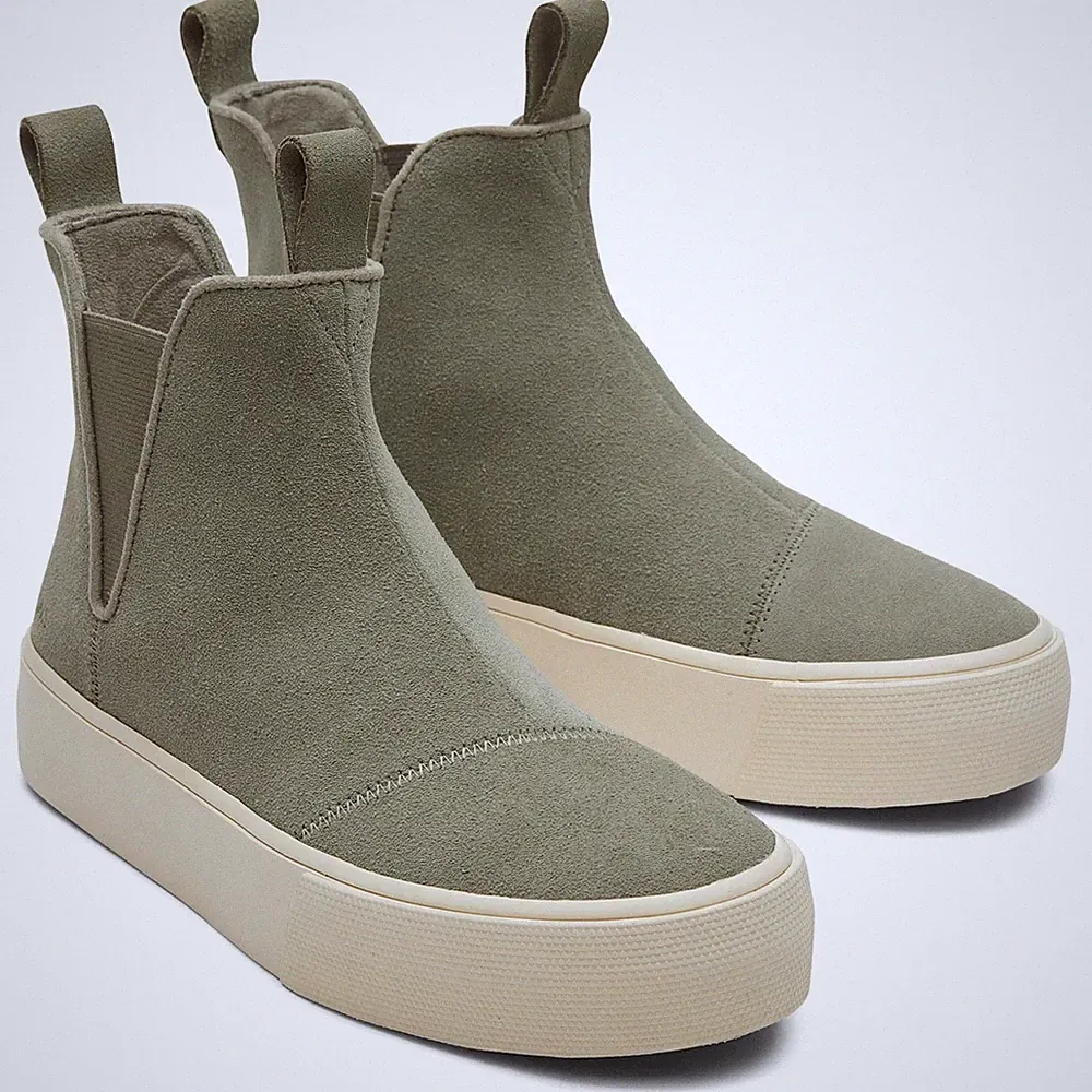 TOMS Fenix Platform Leder Damen Vetiver Grau Flache Chelsea Stiefel