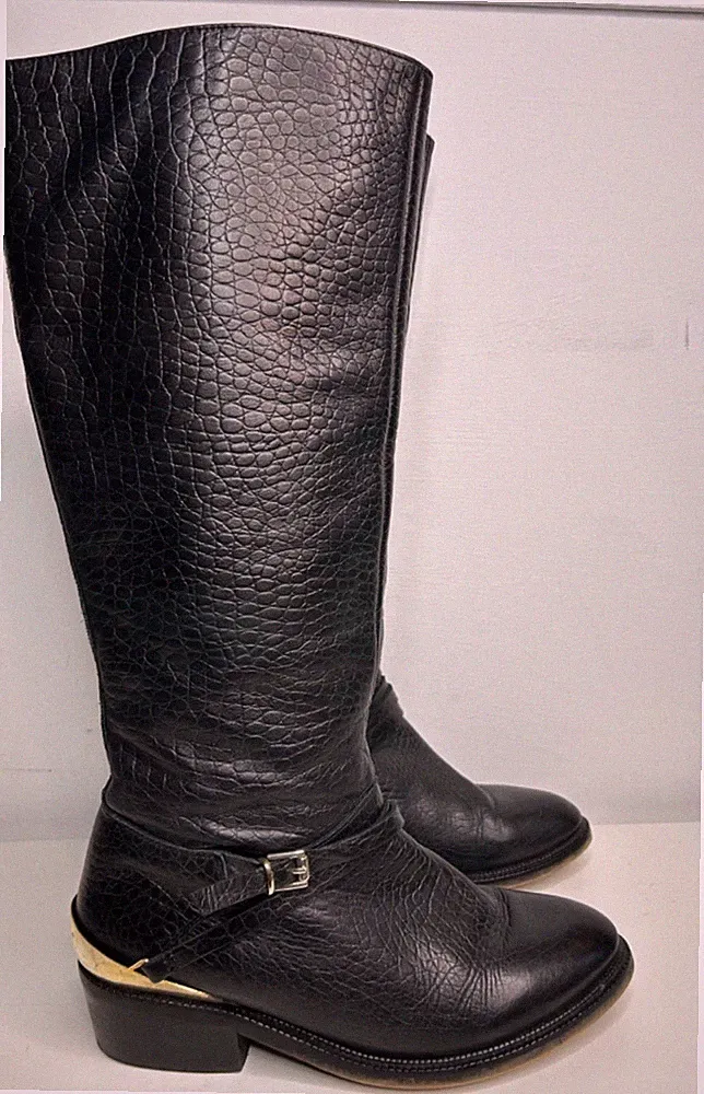 TOPSHOP Damen-Kniestiefel schwarz genarbtes Leder Westernreiten flach UK Größe 6