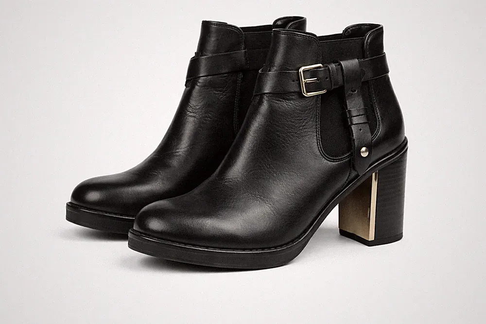 Topshop Leder Ankle Boots Schwarz 36 Spain Vintage Gold Buckle 9 cm Heel
