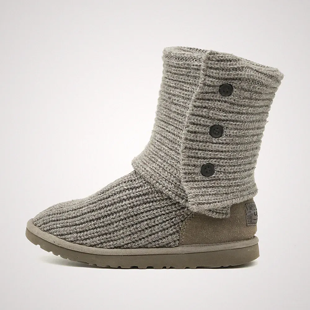 UGG Damen Classic Cardy Stiefel Grau Strickstoff Mittel Knöpfe, Umklappbar EU 39