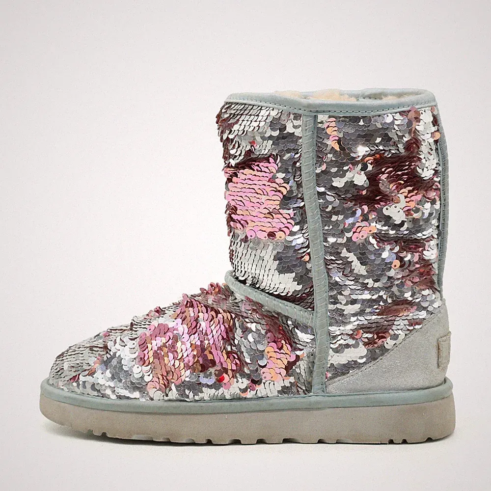 UGG Damen Classic Kurz Pailletten Stiefel Silber/Rosa gefüttert Boots EU 38