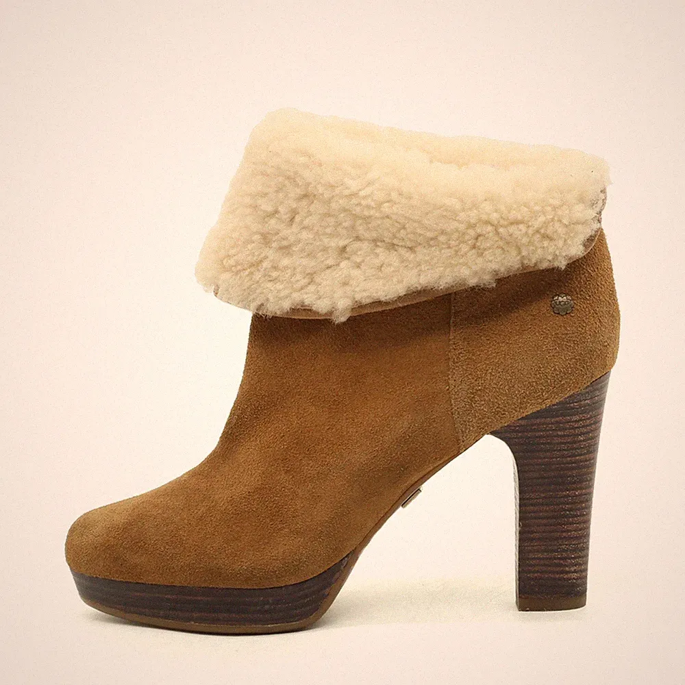 UGG Damen F30013F Booties Braun Wildleder Lammfellkragen Stiefeletten EU 39