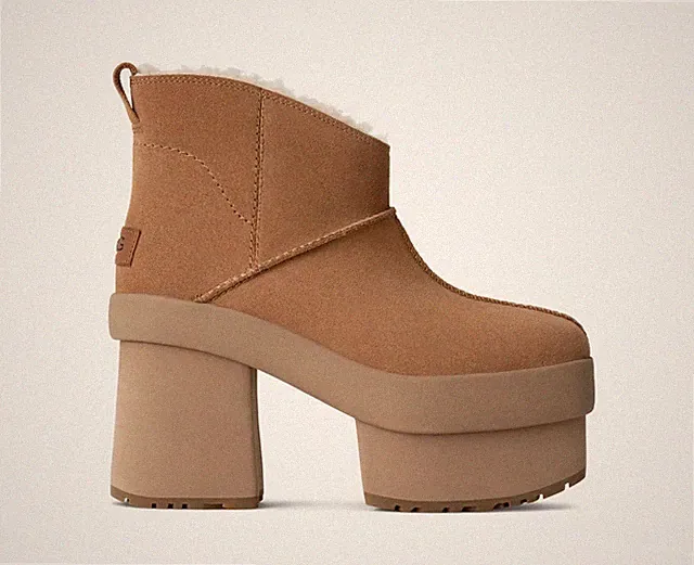 UGG New Heights Plateau Mini Stiefel Größe 7 Kastanie UVP £200 Brandneu LETZTES PAAR