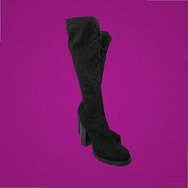 V BY VERY Frayah Square Toe Kniestiefel mit klobigen Blockabsatz, schwarz, UK 6