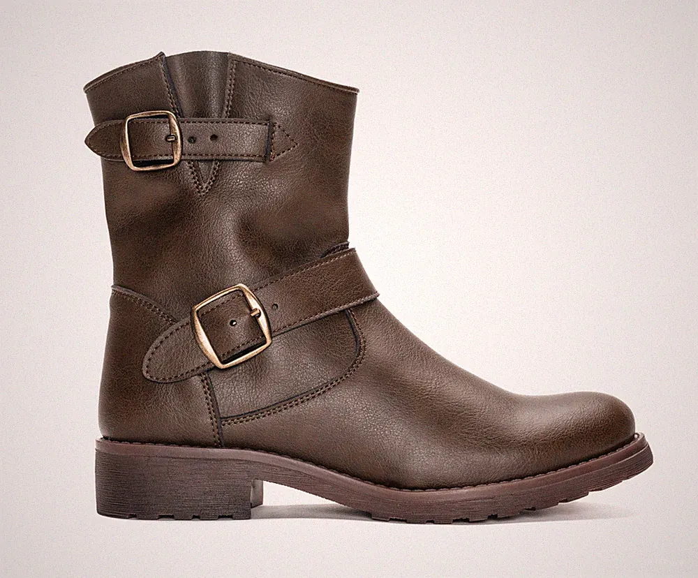 Vegane Biker Boot mit zwei Schnallenriemen und Reißverschluss Rutschfeste Sohle