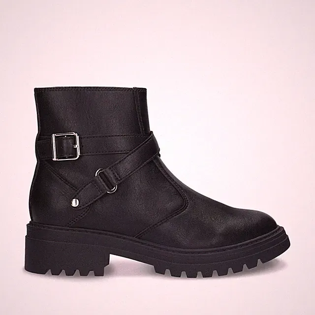 Vegane Biker Stiefeletten Damen Schwarz Schnalle Profilsohle Blockabsatz
