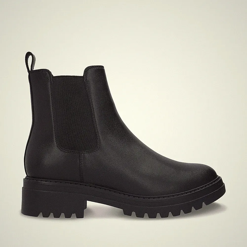 Vegane Chelsea Boots Damen Schwarz Stiefeletten Profilsohle Blockabsatz