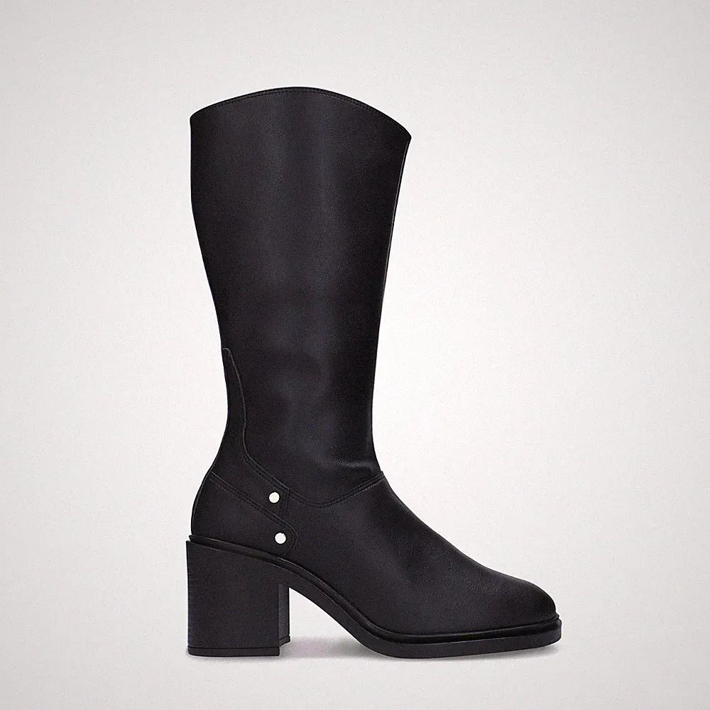 Vegane Kniehohe Stiefel Damen Schwarz Blockabsatz Plateau Nieten Handgefertigt