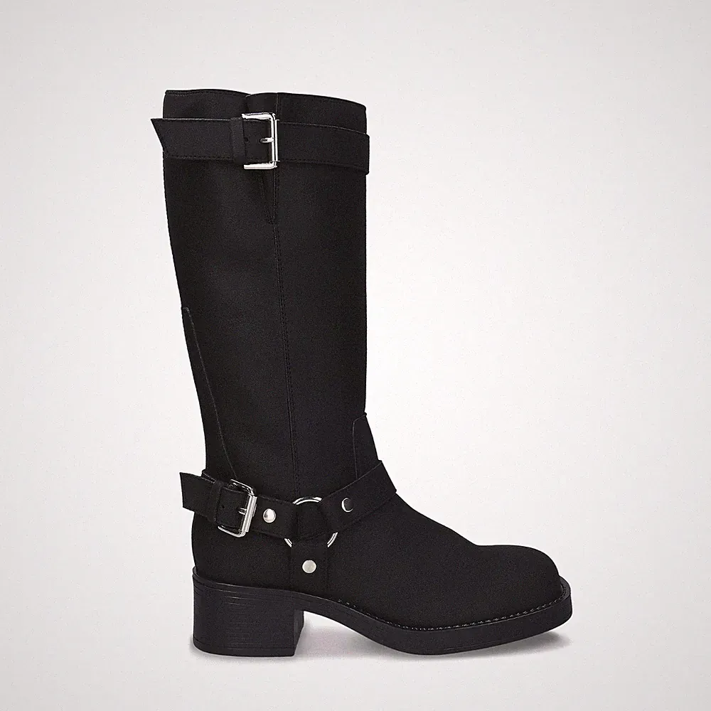 Vegane Kniehohe Stiefel Damen Schwarz Reitstiefel Harness Reißverschluss