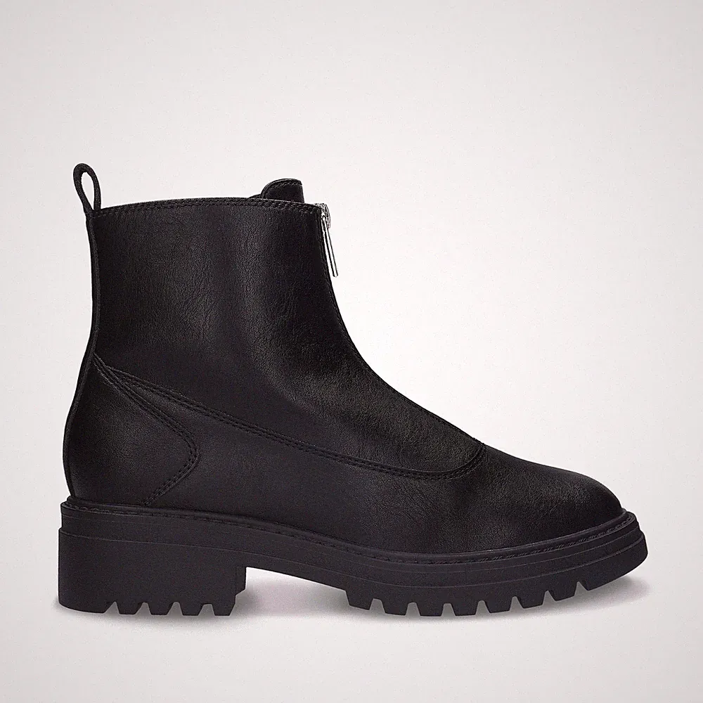 Vegane Stiefeletten Damen Schwarz Reißverschluss Profilsohle Blockabsatz