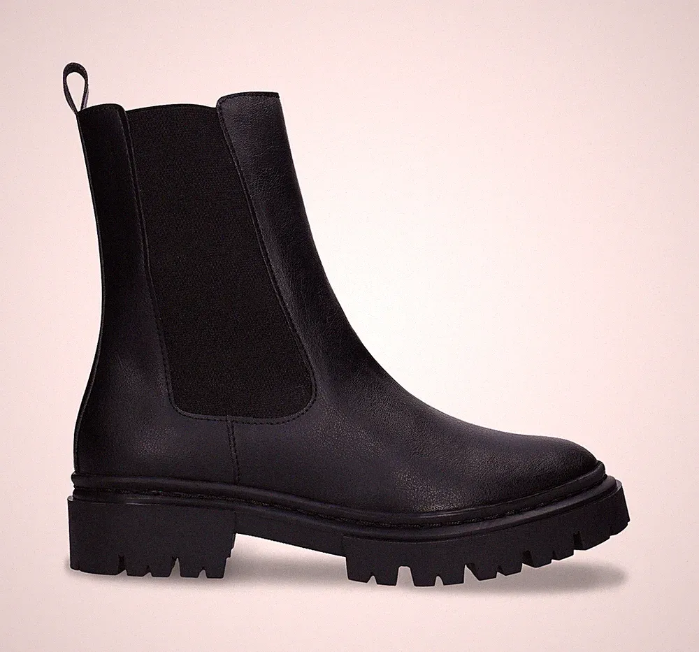 Veganer Damen Wadenlänge Chelsea Stiefel aus schwarzer Mikrofaser Größe 36-42
