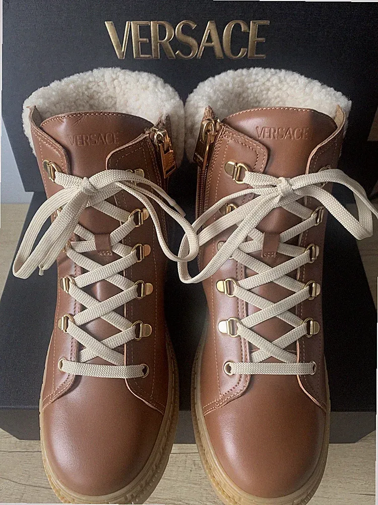 Versace Boots Bootie EU 37 Brown Gold Calf Leather Suede Sheepskin NEW Box