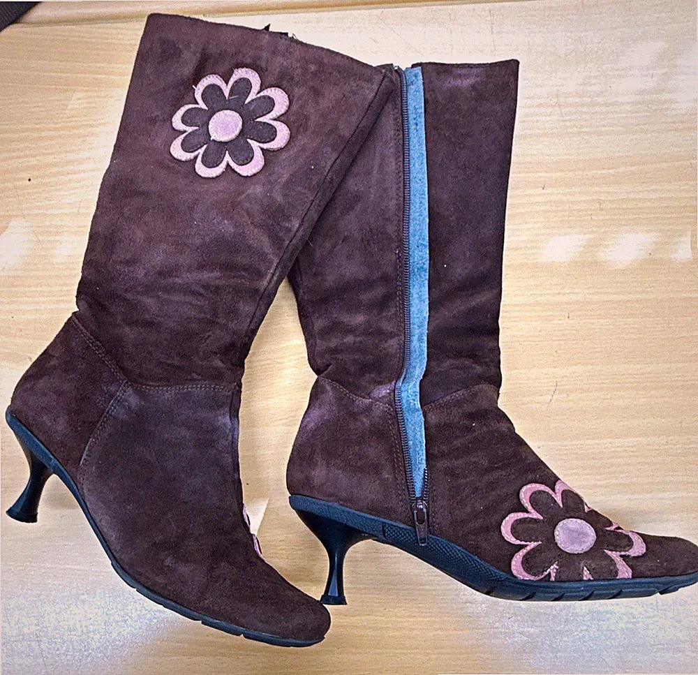 Vintage Damen Stiefel Braun/Rosa Wildleder Stiletto Reißverschluss Blumen EU 38