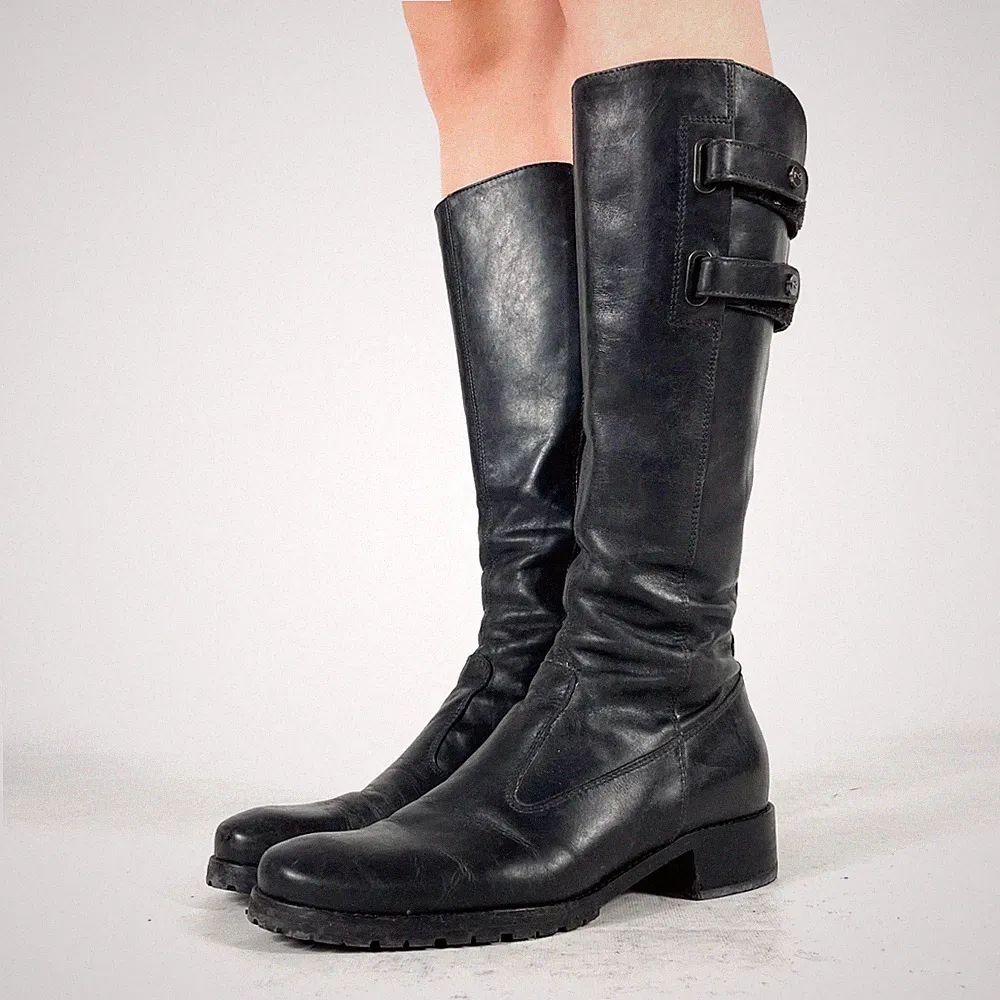 Vintage Lederstiefel Schwarz Kniehoch Combat Biker Boots Gr. 37