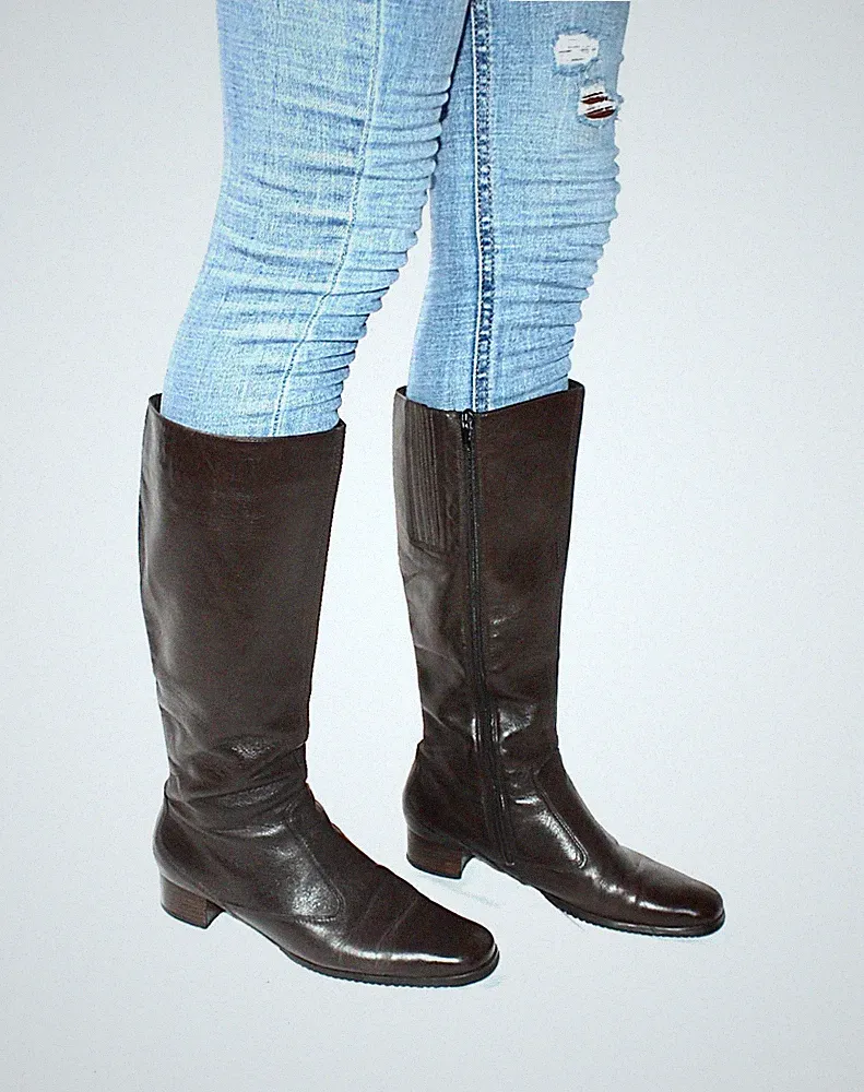 VINTAGE STIEFEL LANGSCHAFT ECHTLEDER DUNKELBRAUN LUFTPOLSTER SOHLE 37 #S10-5#