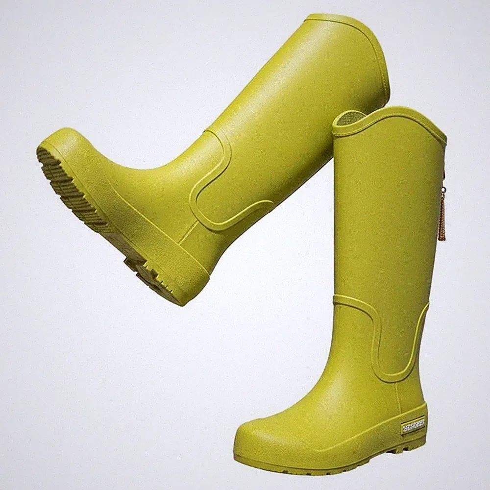 Wasserdichte Damen Regenstiefel, kniehoch, PVC Schuhe, rutschfeste Sohle