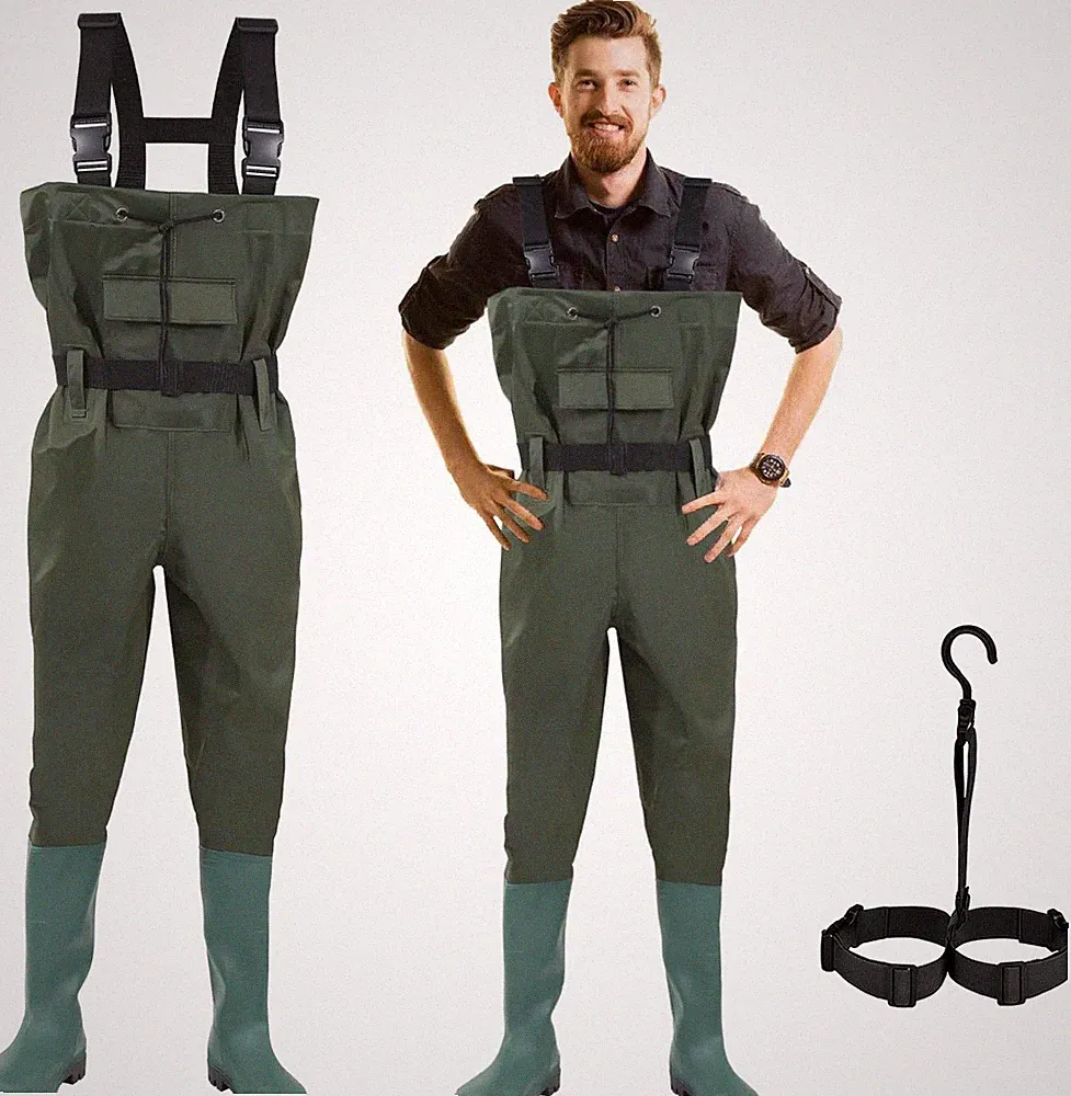 Wathose für Herren, PVC Angelhose, mit Gummistiefeln, Grün, Angelhose für An...