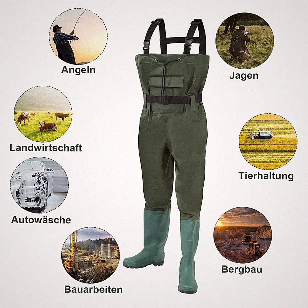Wathose Gr. 42-47 Gummistiefel mit Haken Anglerhose Teichhose Fischer Angeln