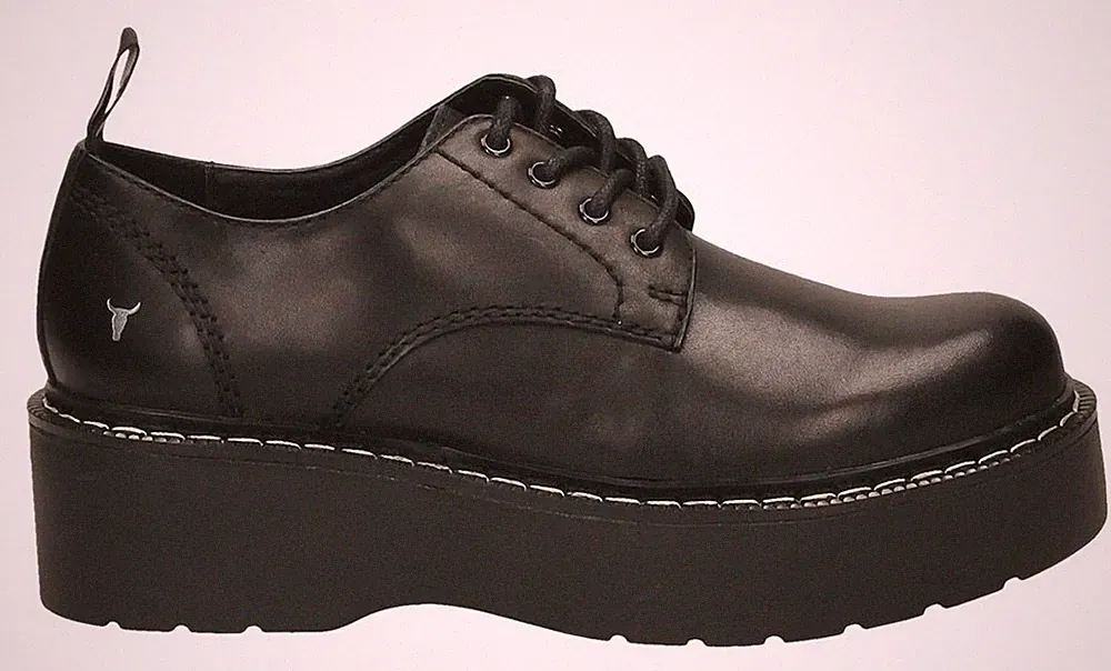 WINDSOR SMITH KINNY LEDERSCHUHE SCHWARZ LOGO STIER PLATFORM ORIGINAL UND NEU