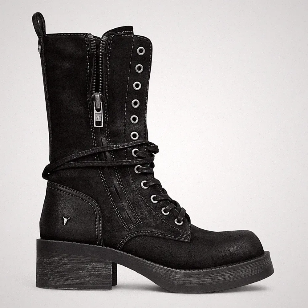 Windsorsmith Damen Gather Schwarz Wildleder Combat Stiefel Mid-Calf Schnür Biker