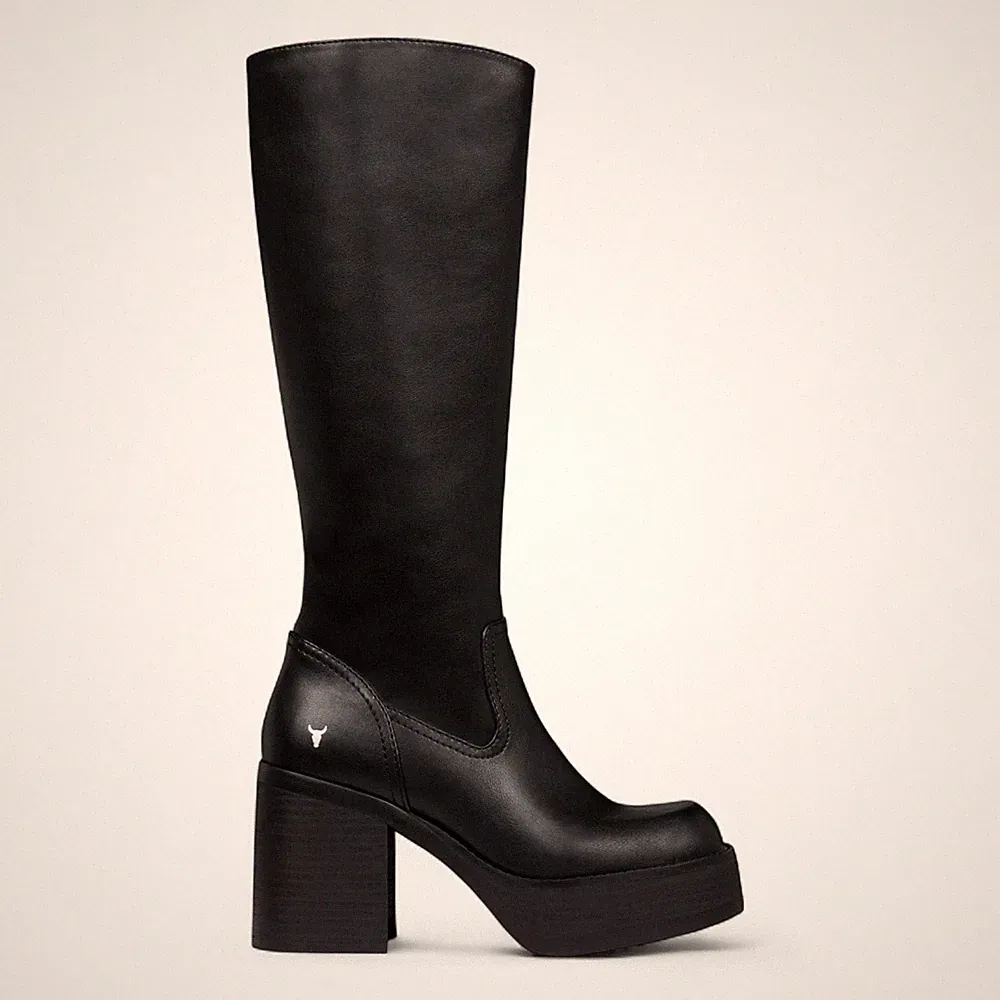 Windsorsmith Damen Niche Schwarz Kunstleder Kniehoch Plateau Blockabsatz Stiefel