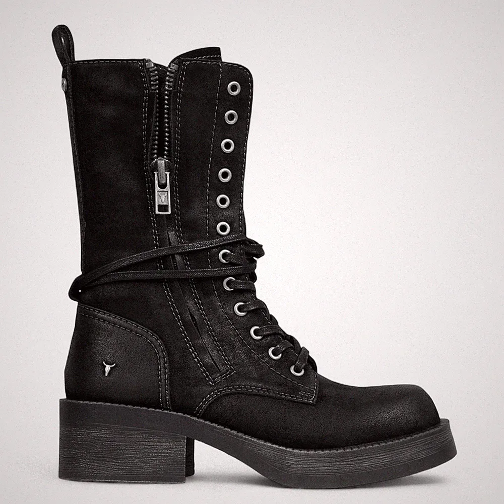 Windsorsmith Damen Schwarze Wildleder Combat Boots Mid-Calf Schnür-Biker