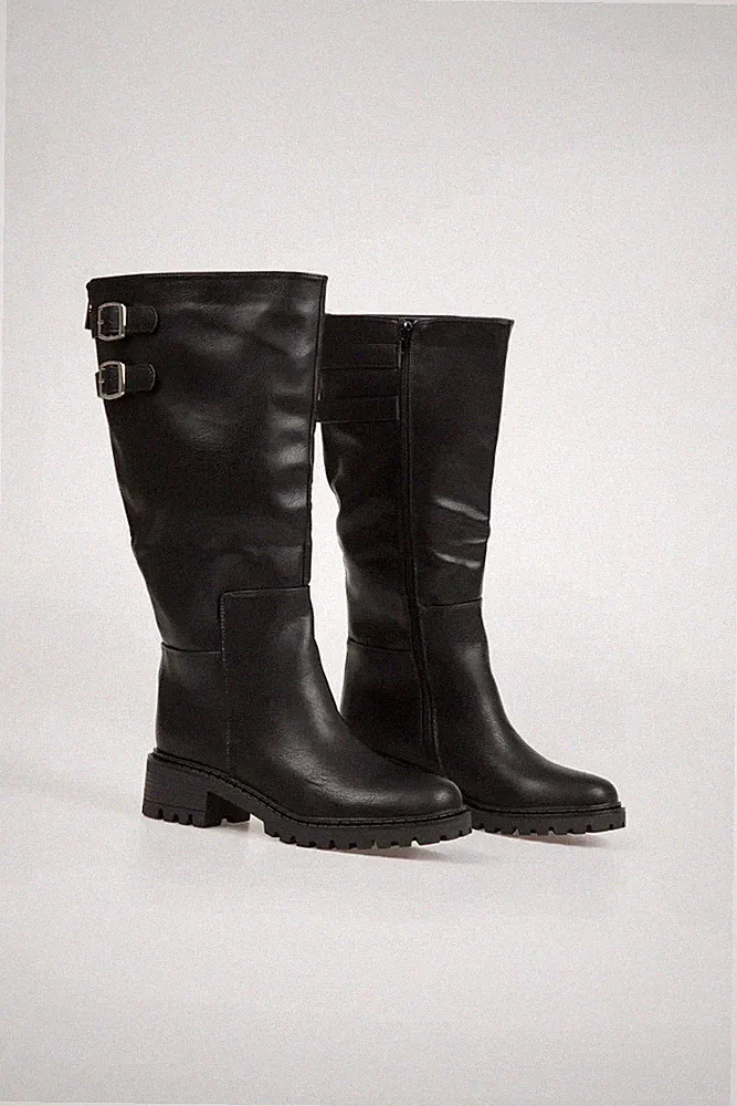 WOMEN BUCKLE KNEE HIGH THIGH BLOCK HEEL BOOTS LADIES PULL ON ARMY BIKER ZIP SHOE