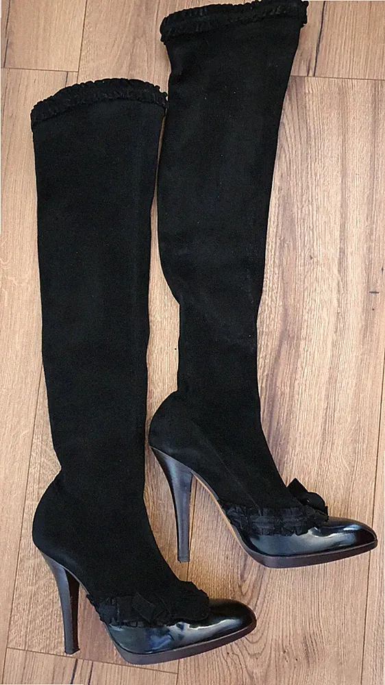 Yves Saint Laurent Damen Stiefel Gr. 38,5 Veloursleder/Lack,schwarz, gebraucht