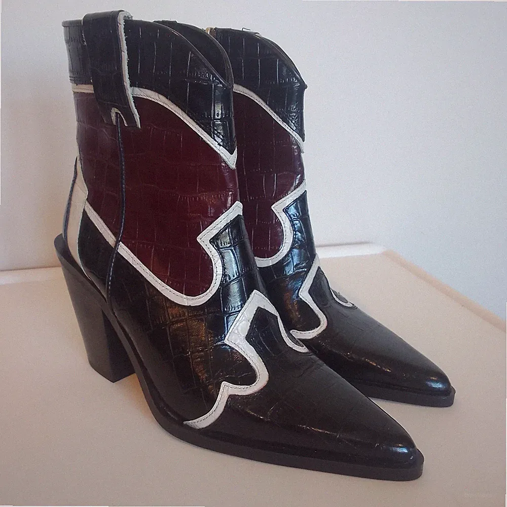 Zara Croc Patent Leather Cowboy Boots Size 4 Womens Pointed Toe Black Red...