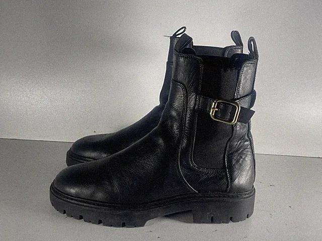Zara Damen Schuhgröße 5 (38) gebraucht schwarz Leder Schnalle & Gummi Stiefeletten -A62
