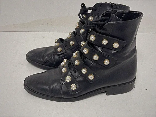 Zara Damen Stiefelette schwarz Kunstleder Schnürung Perlenriemen & Reißverschluss.UK(5)EU(38-B181